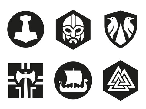 Viking mythology symbols set with hammer helmet shield ship axe and valknut