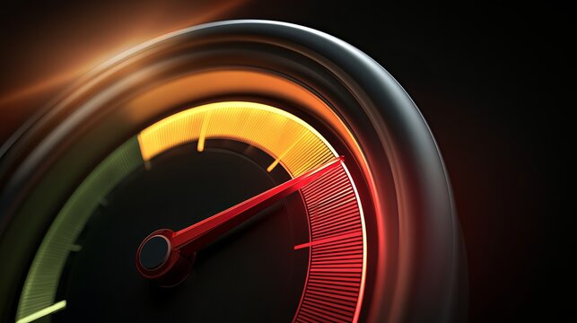 Glowing speedometer needle swiftly climbing toward maximum speed, indicating rapid motion, representing velocity and performance