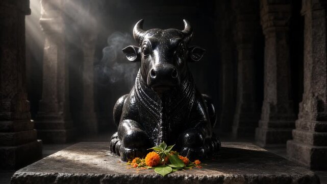 Black granite Nandi bull statue in temple hall with light rays