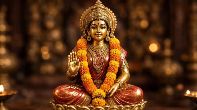 Brass Parvati murti with marigold garland in home shrine
