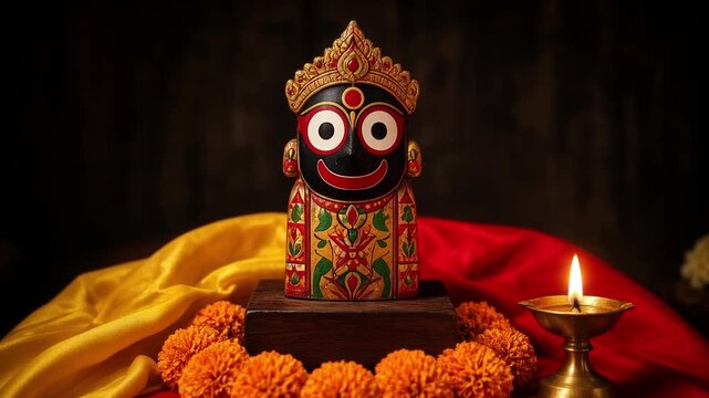 Painted wooden Jagannath idol on marigold altar with lamp