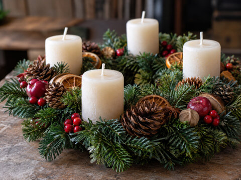 Nat&uuml;rlicher Adventskranz mit vier unbeleuchteten wei&szlig;en Kerzen, &Auml;pfeln und Tannenzapfen. Tannengr&uuml;n, rote Beeren, Orangenscheiben und Gew&uuml;rze gestalten eine rustikale traditionelle Weihnachtsdekoratio