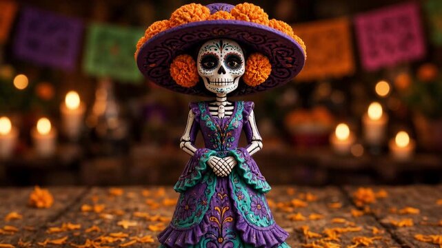 Ceramic Catrina figurine on Day of the Dead ofrenda