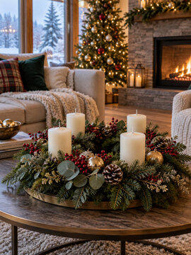 Eleganter Adventskranz mit vier unbeleuchteten wei&szlig;en Kerzen vor Weihnachtsbaum und Kamin. Tannengr&uuml;n, Eukalyptus, rote Beeren, goldene Kugeln und Zapfen bilden eine stilvolle festliche Tischdekoratio