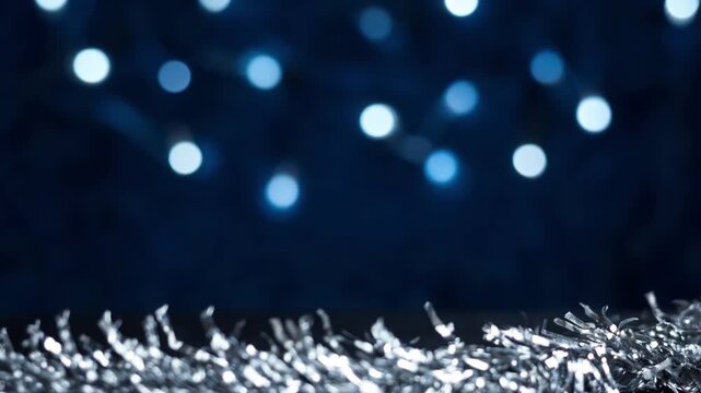 Silver Christmas tinsel macro with cool blue bokeh