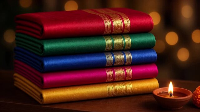 Stack of folded silk sarees with gold zari borders