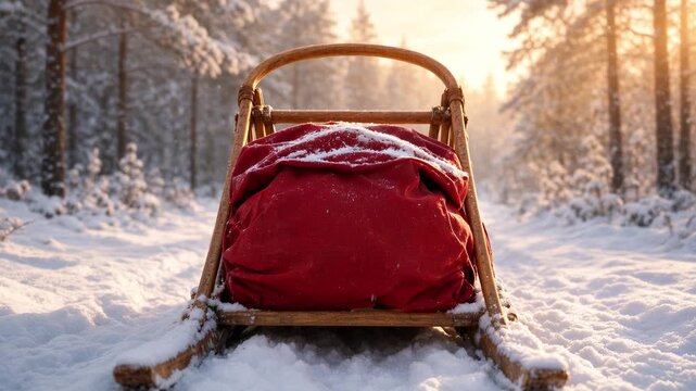 Empty wooden dog sled on snowy forest trail at golden hour
