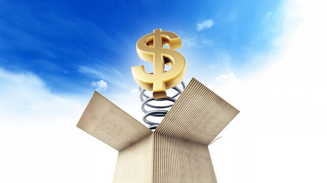 Gold dollar symbol popping out of the cardboard box. 3D illustration