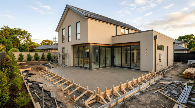 Modern two story house under construction with fresh concrete patio and wooden formwork frames