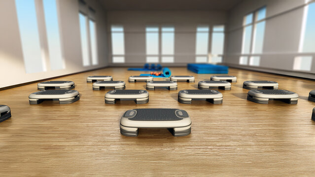 Step boards arranged inside the gym or fitness center. 3D illustration