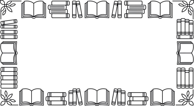 Hand drawn book border featuring open and stacked literature for library and school theme.