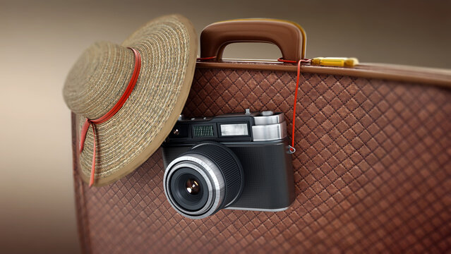 Vintage camera and women's hat hanging on suitcase. 3D illustration