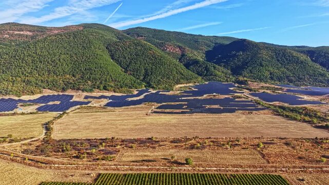 Solar panels are arranged in neat rows on open land next to green hills and trees. The clear sky shows signs of early morning or late afternoon light.