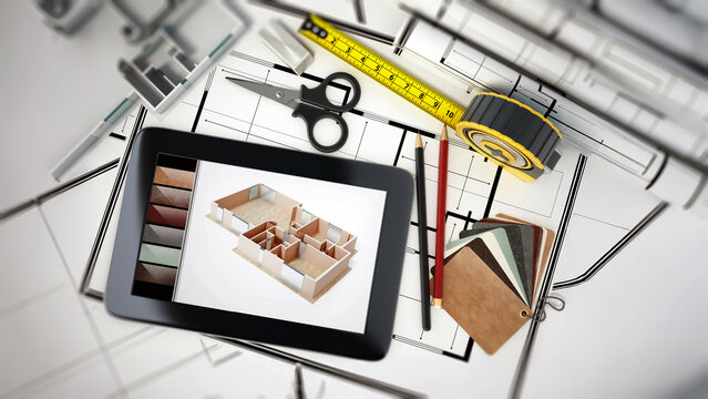 Home decorating tools standing on house bluprints. 3D illustration