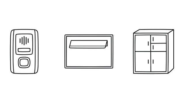 Set of building and storage icons including intercom, wall mailbox, and storage locker unit