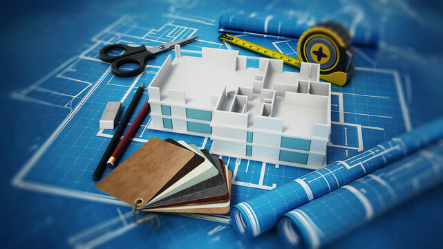Home decorating tools standing on house bluprints. 3D illustration