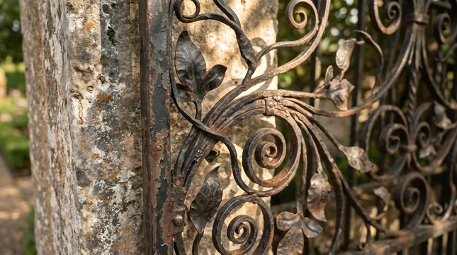 Old wrought iron garden gate with ornate floral scrolls and rusted metallic texture in rustic outdoor setting.