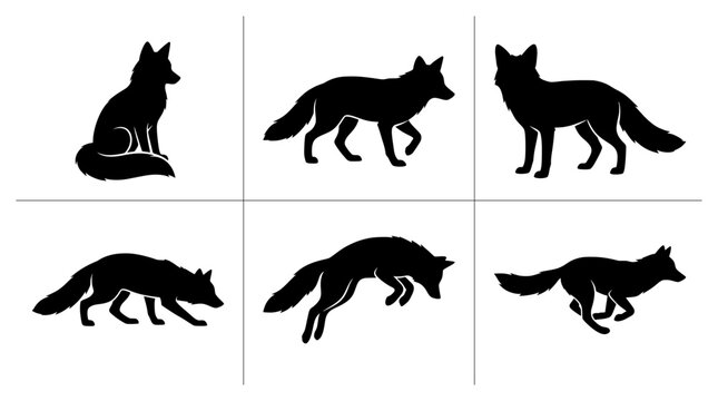 Fox silhouettes set with sitting, walking, standing, pouncing and running poses for wildlife or animal logos
