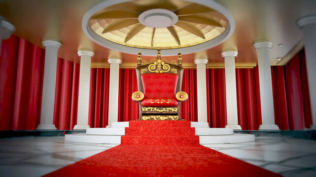 Red carpet leading to the luxurious throne. 3D illustration