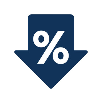 Large navy blue downward arrow icon featuring a bold white percentage sign for financial data