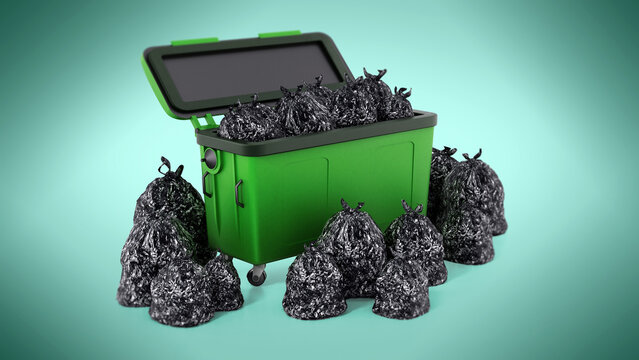 Trash bag isolated on green background. 3D illustration