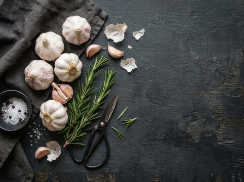 Garlic And Herbs On Dark Surface With Rosemary