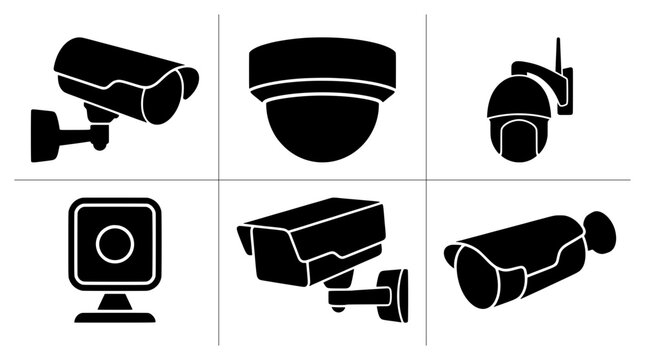 Security camera silhouettes set with dome, bullet, PTZ and square types for surveillance and monitoring