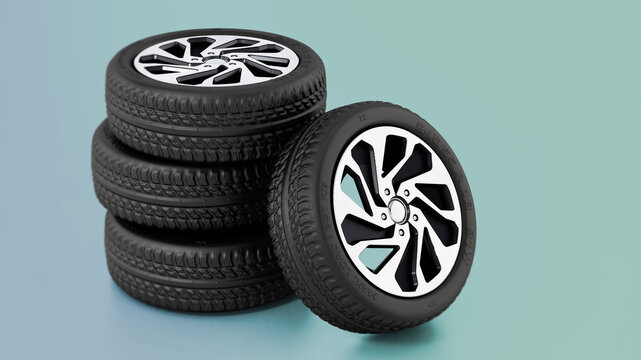 Low profile sport tyre and rims isolated on green background. 3D illustration