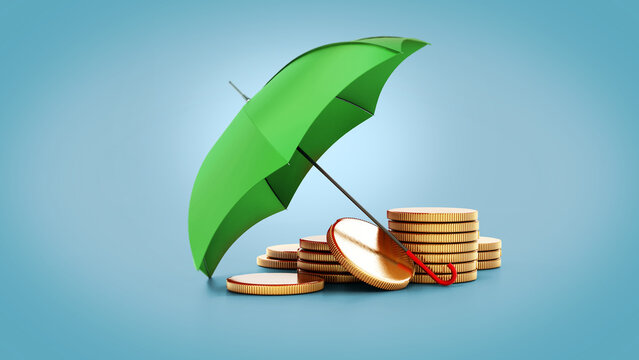 Green umbrella protecting gold coin stack. 3D illustration