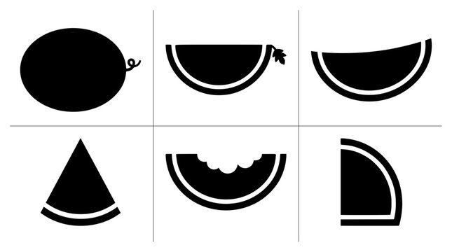 Watermelon slices silhouettes set with whole fruit, bite mark and leaf for food logo or signage