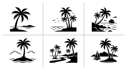 Palm tree silhouettes set with islands, ocean, sailboat and sunset for travel and tropical themes © Md