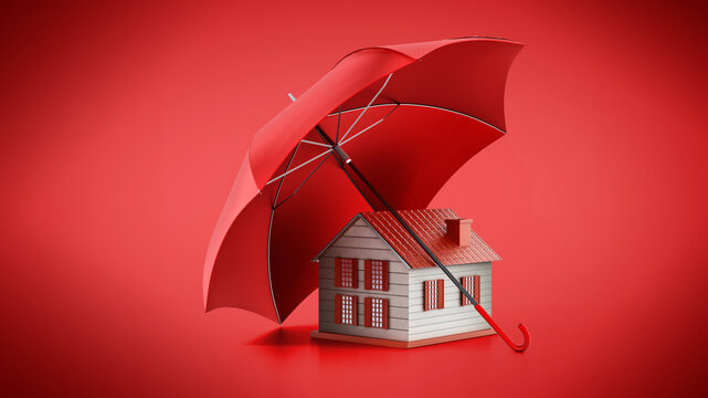 Red umbrella protecting house model. 3D illustration