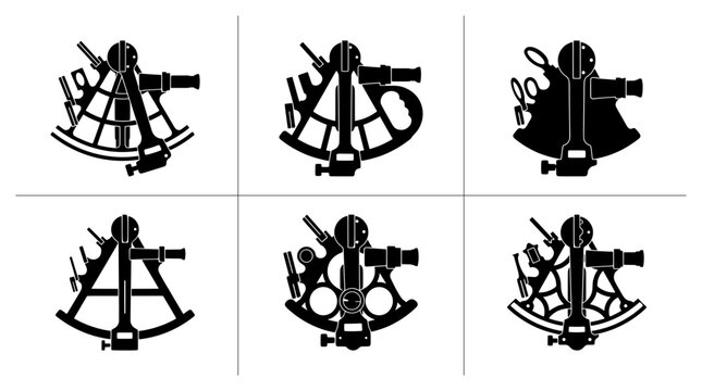 Sextant silhouettes set with navigation tools for astronomy and travel logo