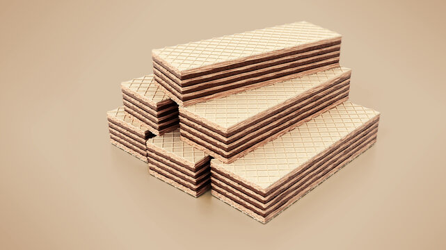 Chocolate wafers isolated on yellow background. 3D illustration