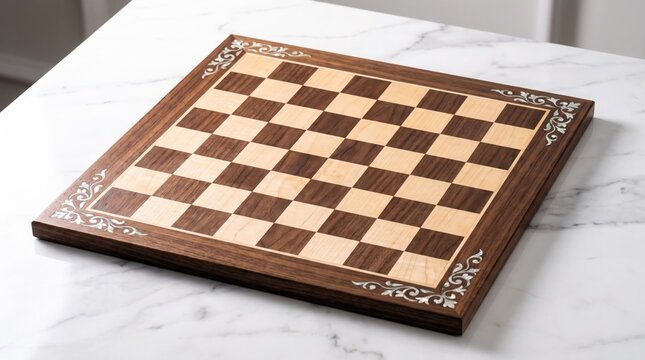 Wooden chess board featuring intricate mother-of-pearl corner inlay designs rests elegantly upon a bright white marble tabletop surface