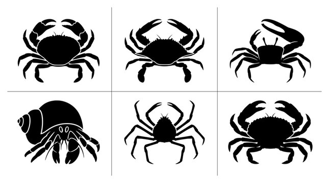 Crab silhouettes with various species and a hermit crab for ocean or seafood logos