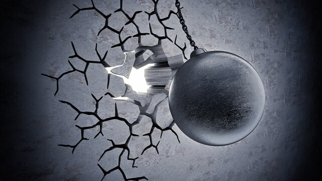 Wrecking ball demolishes old wall. 3D illustration
