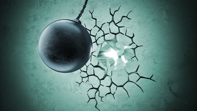 Wrecking ball demolishes old wall. 3D illustration