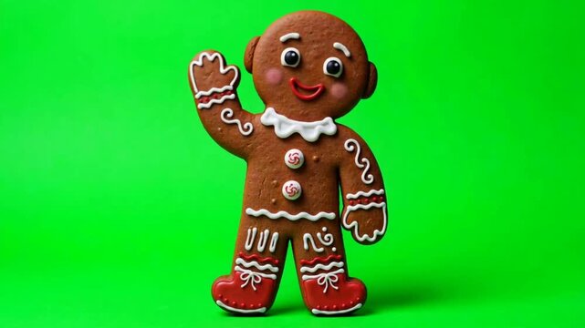 Cute gingerbread man cookie waving on green screen background