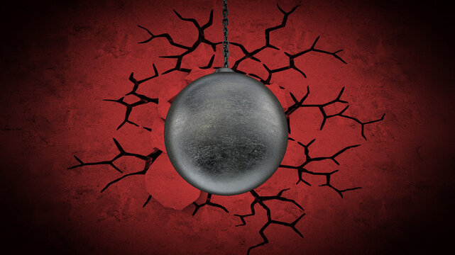 Wrecking ball demolishes old wall. 3D illustration