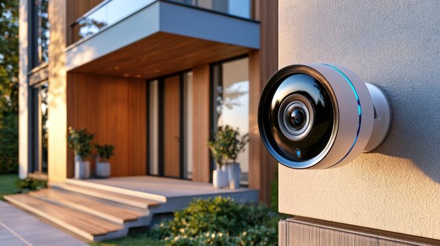 Modern wireless security camera on a contemporary house exterior wall, overlooking a stylish entrance, ideal for home safety advertisements.