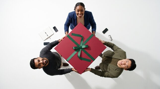 Joyful diverse business people sharing a large red gift box with green ribbon on white background, copy space