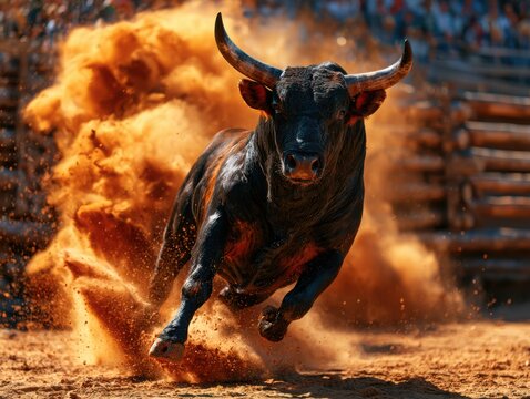 Black bull charging in a dusty rodeo arena, showcasing power and action, with rustic wooden barriers and a dynamic atmosphere.