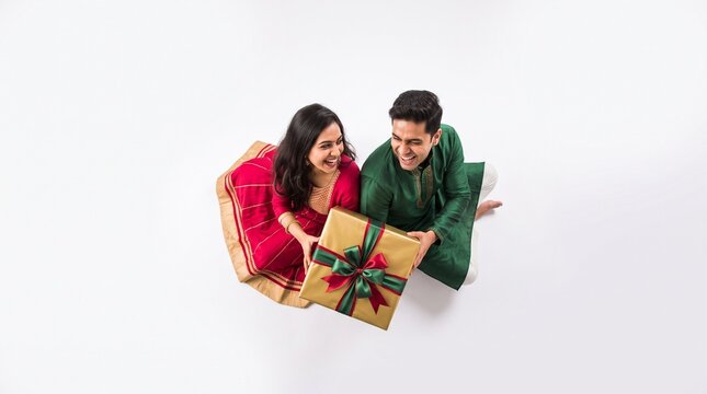 Joyful Diverse Couple Exchanging Gifts Green Red Gold Palette Isolated White Background High Contrast Clean Clipping Edges Copy Space