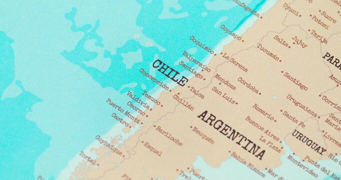 Zoom in view of chile on a vintage political world map