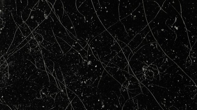 Grunge texture with dust particles and hair strands on black background