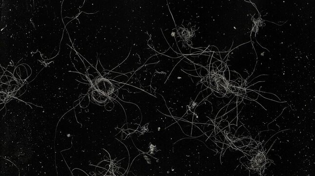 Abstract texture of tangled white hair strands on a black background