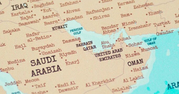 Zoom in view of bahrain on a vintage political world map