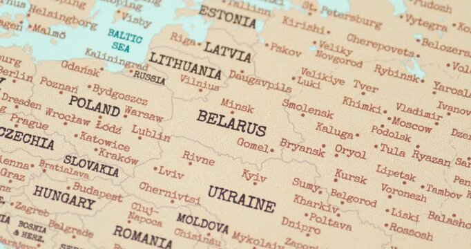 Zoom in view of belarus on a vintage political world map