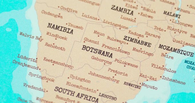 Zoom in view of botswana on a vintage political world map